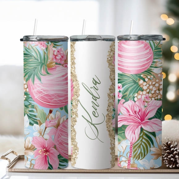 Personalized Name Floral Ornament Christmas Glitter Geode 20oz Skinny Tumbler - Picture 1 of 2